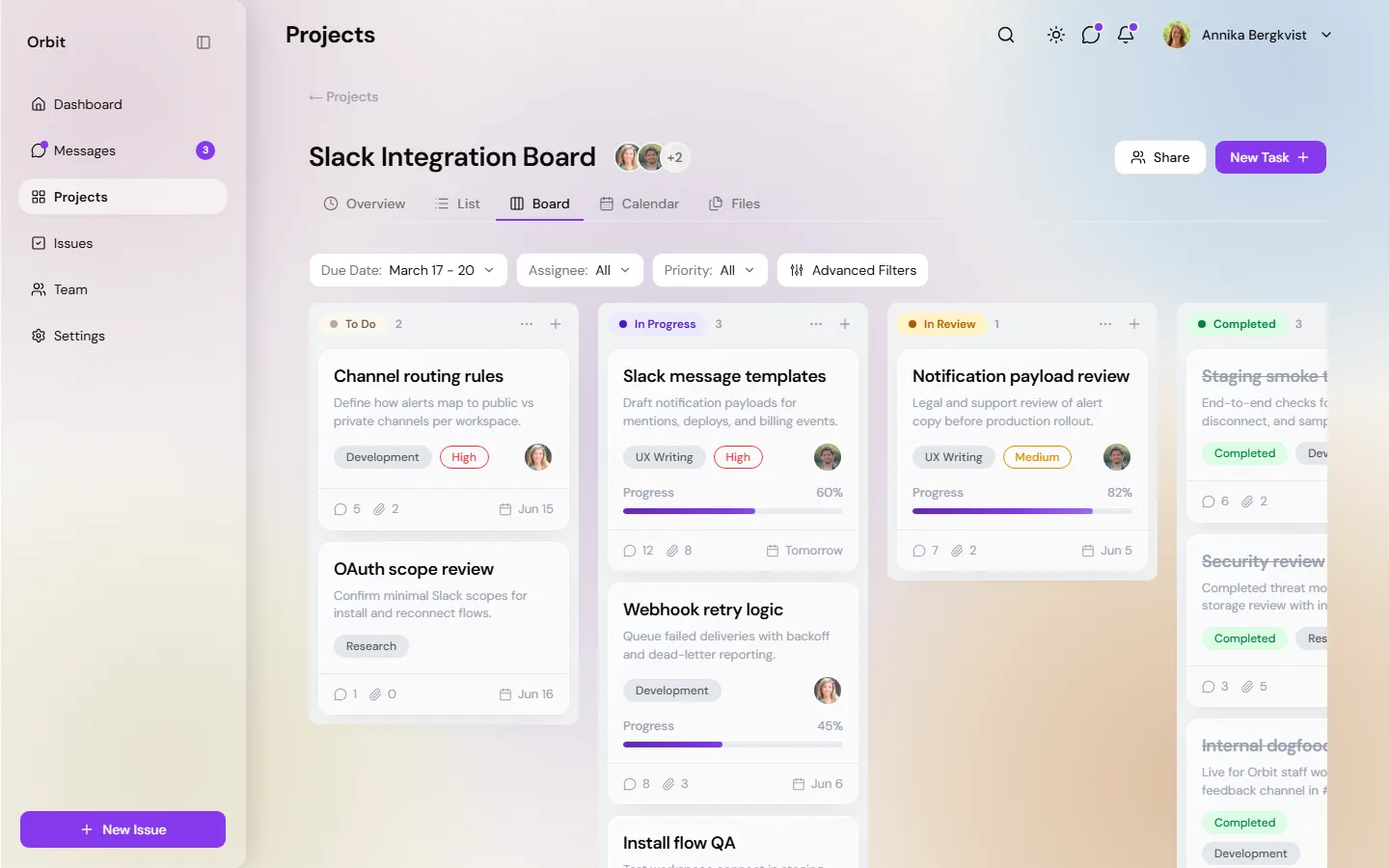 Orbit project board — Slack Integration kanban with drag-and-drop columns