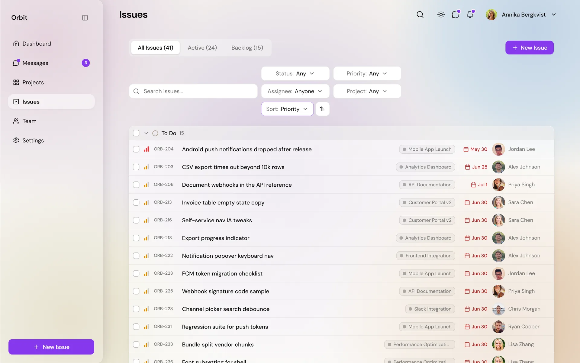 Orbit issues backlog on desktop with filters and detail panel