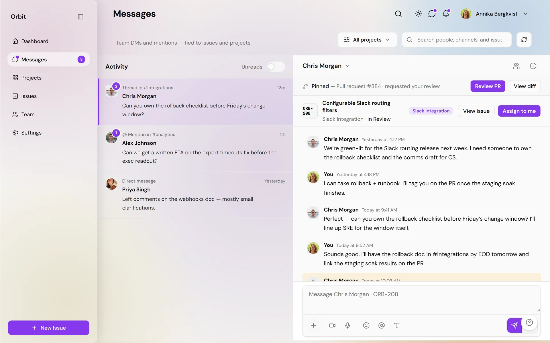 Orbit messages on desktop — team inbox and conversation