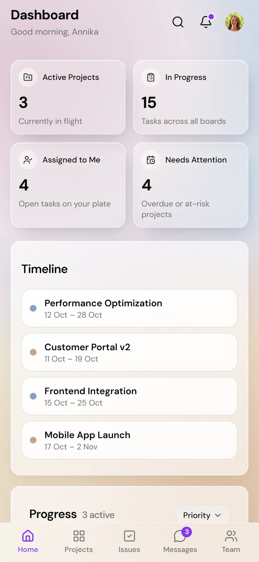 Orbit dashboard on mobile with KPI cards and bottom navigation
