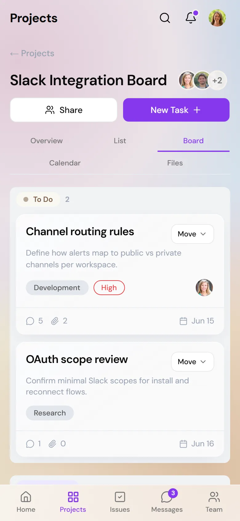 Orbit project board on mobile with stacked columns and Move actions