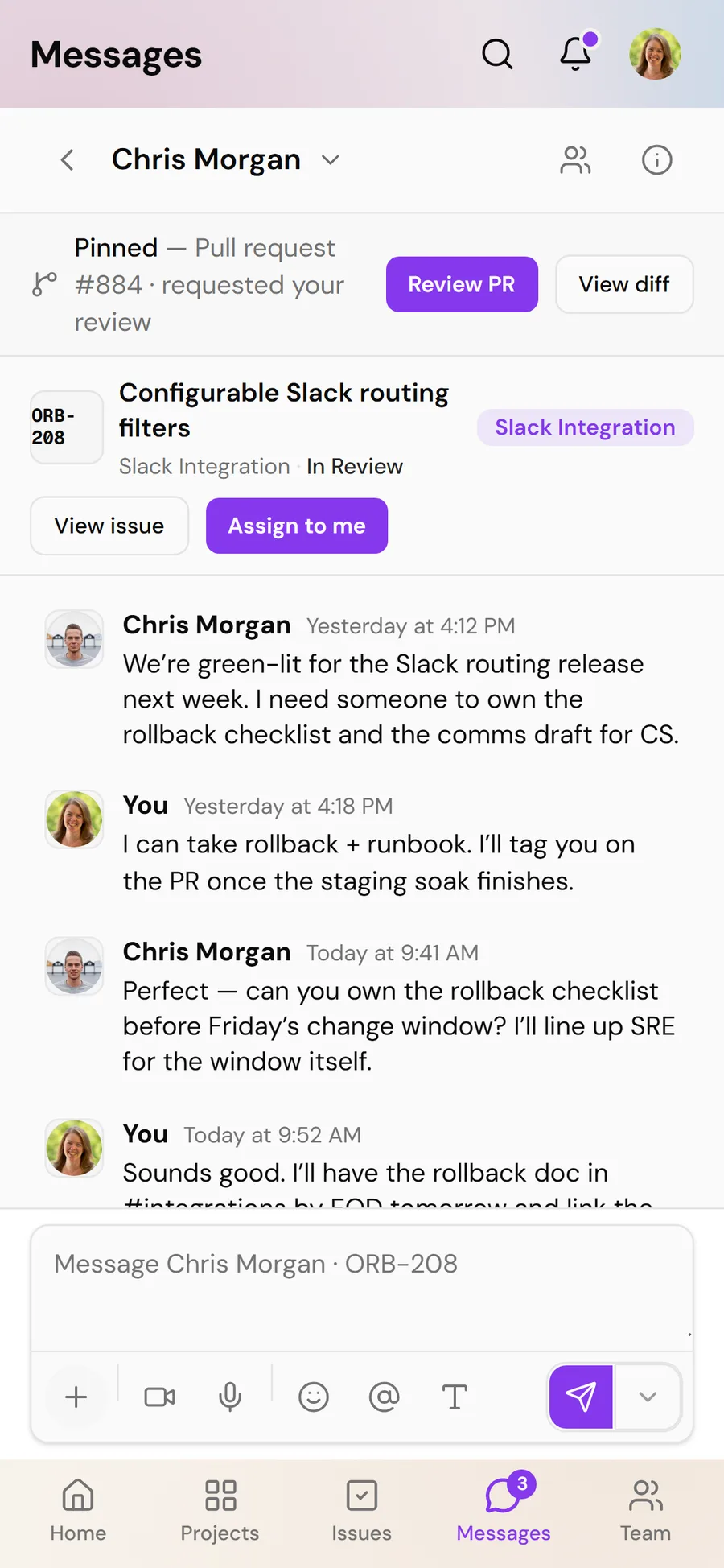 Orbit message thread on mobile