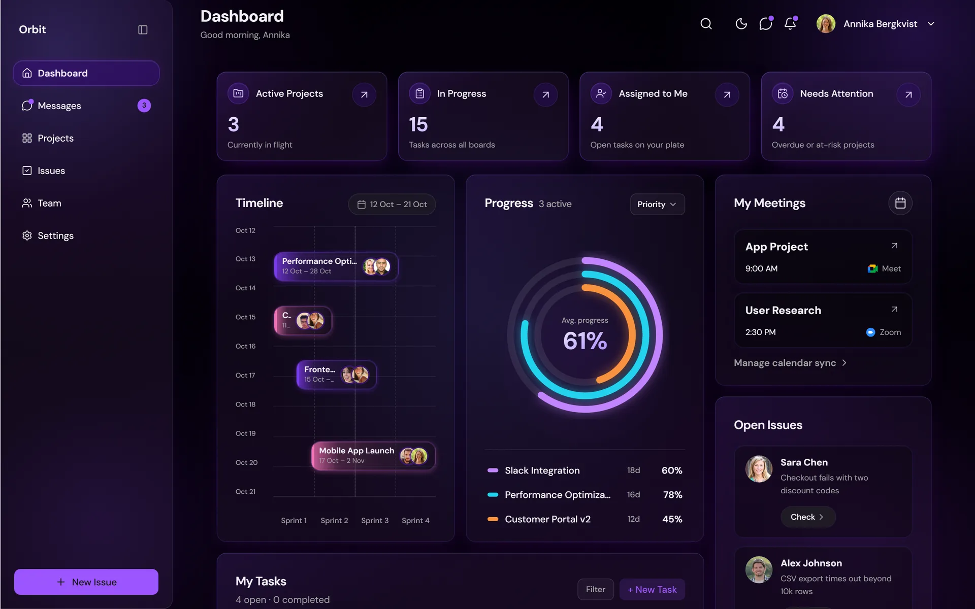 Orbit dashboard on desktop — dark mode glass UI