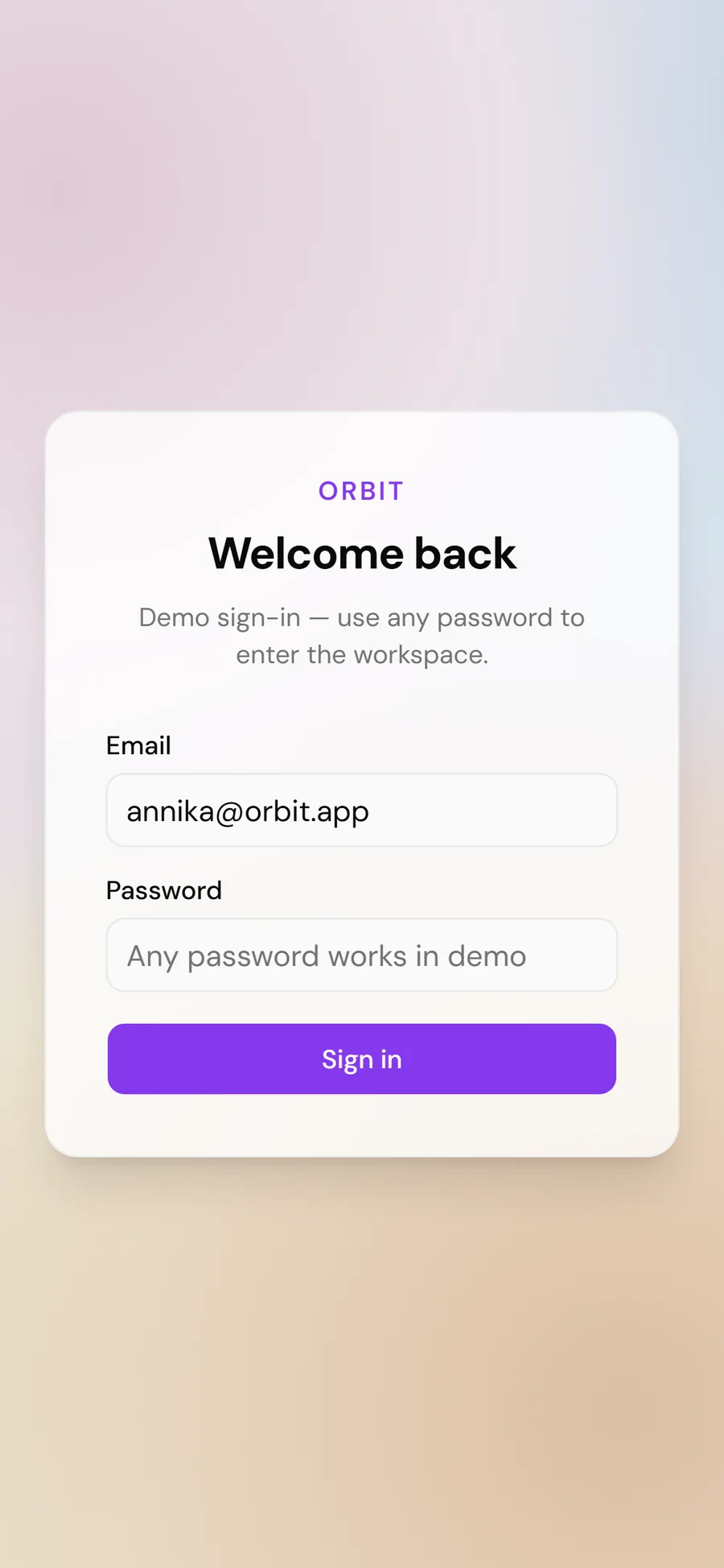 Orbit welcome and demo sign-in on mobile